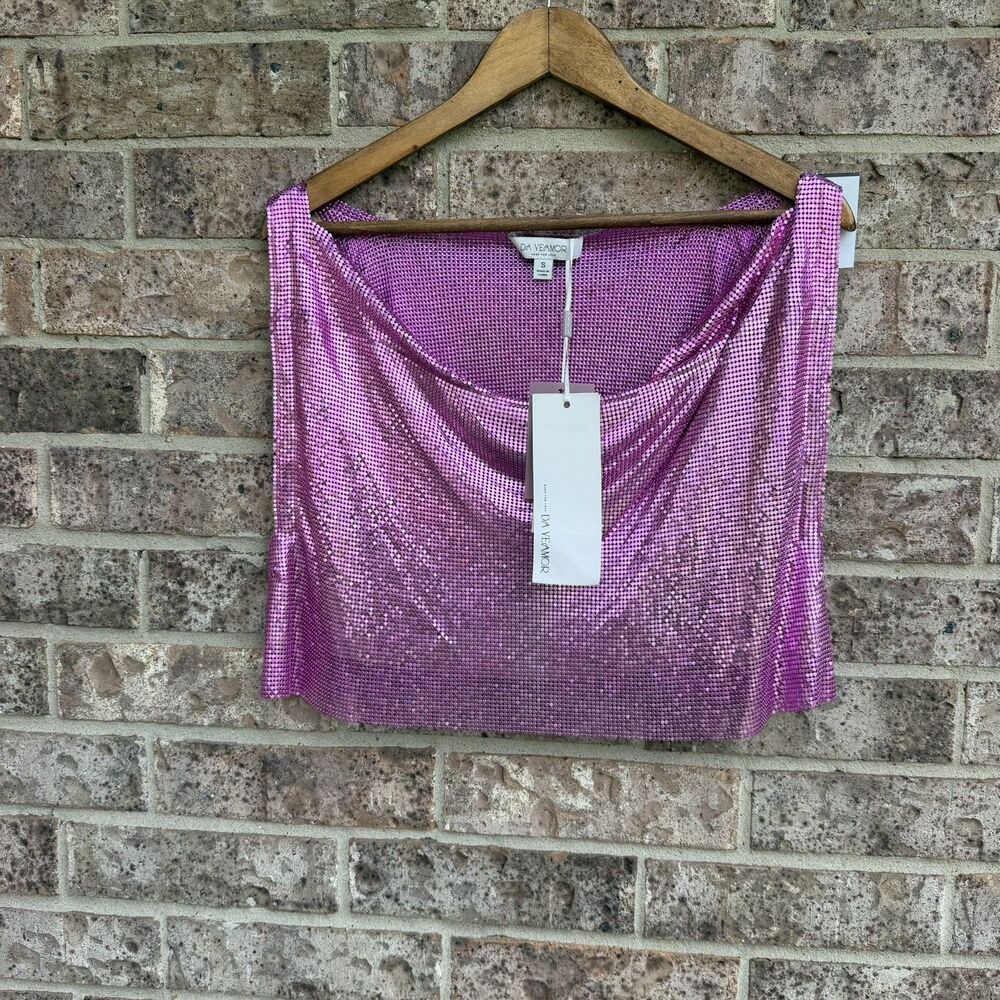 Da Veamor Pink Chainmail Cowl Neck Halter Top S Cropped Party Festival Club